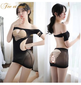 FEE ET MOI Sexy Seethrough Open-Back Cheeky Bodysuit (Black)
